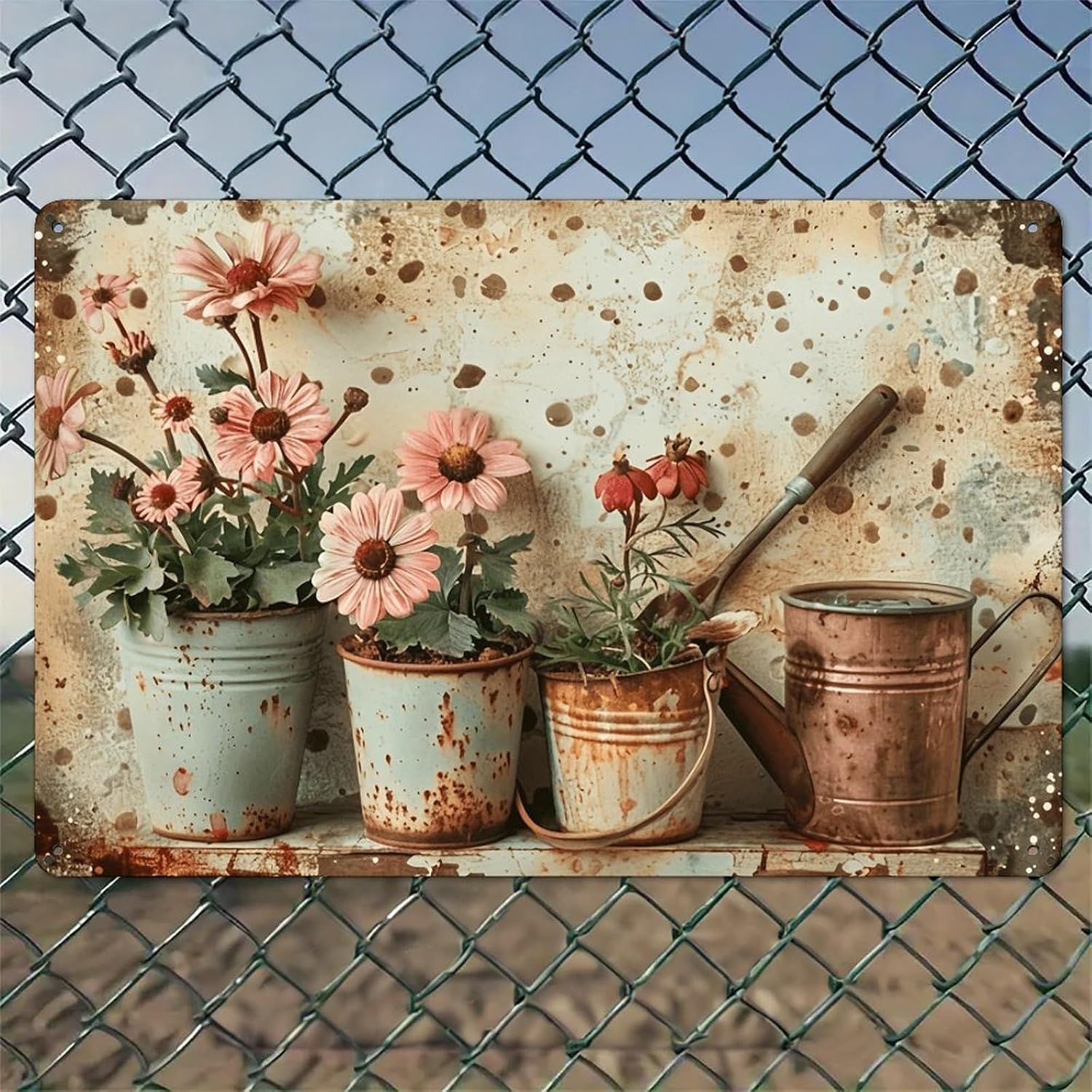 Rostige Eimer mit rosa Blumen  – Watering Can Bewertung und Preis